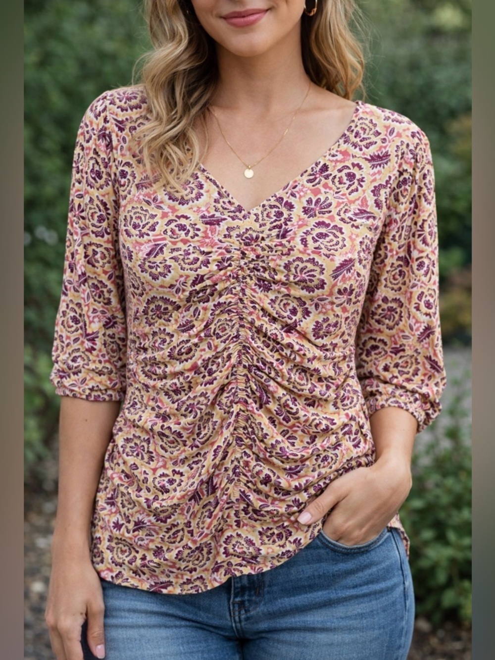 Banjanan Pink and Cream Floral Ruched Women's Blouse